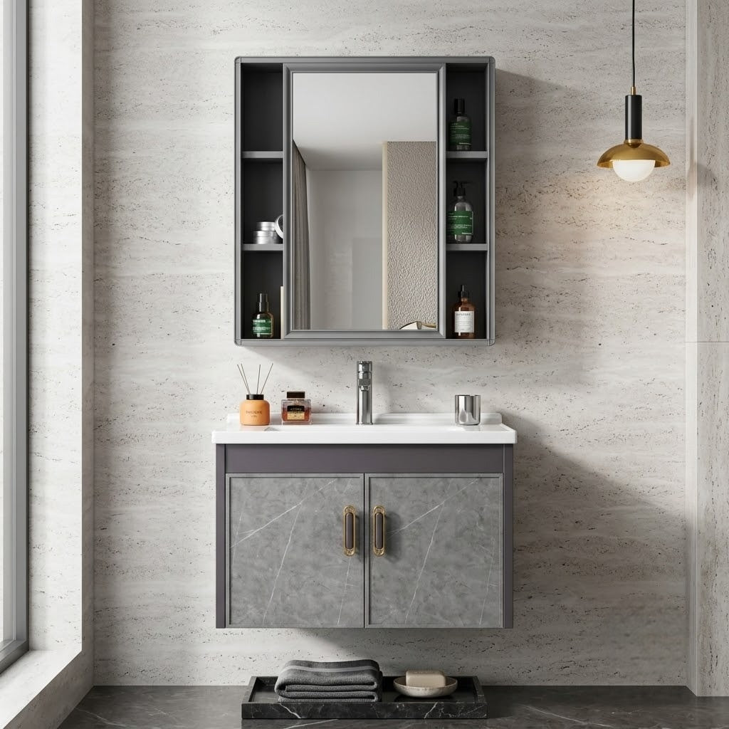 Grey Marble Premium PVC Cabinet Vanity – 24×20 Inches